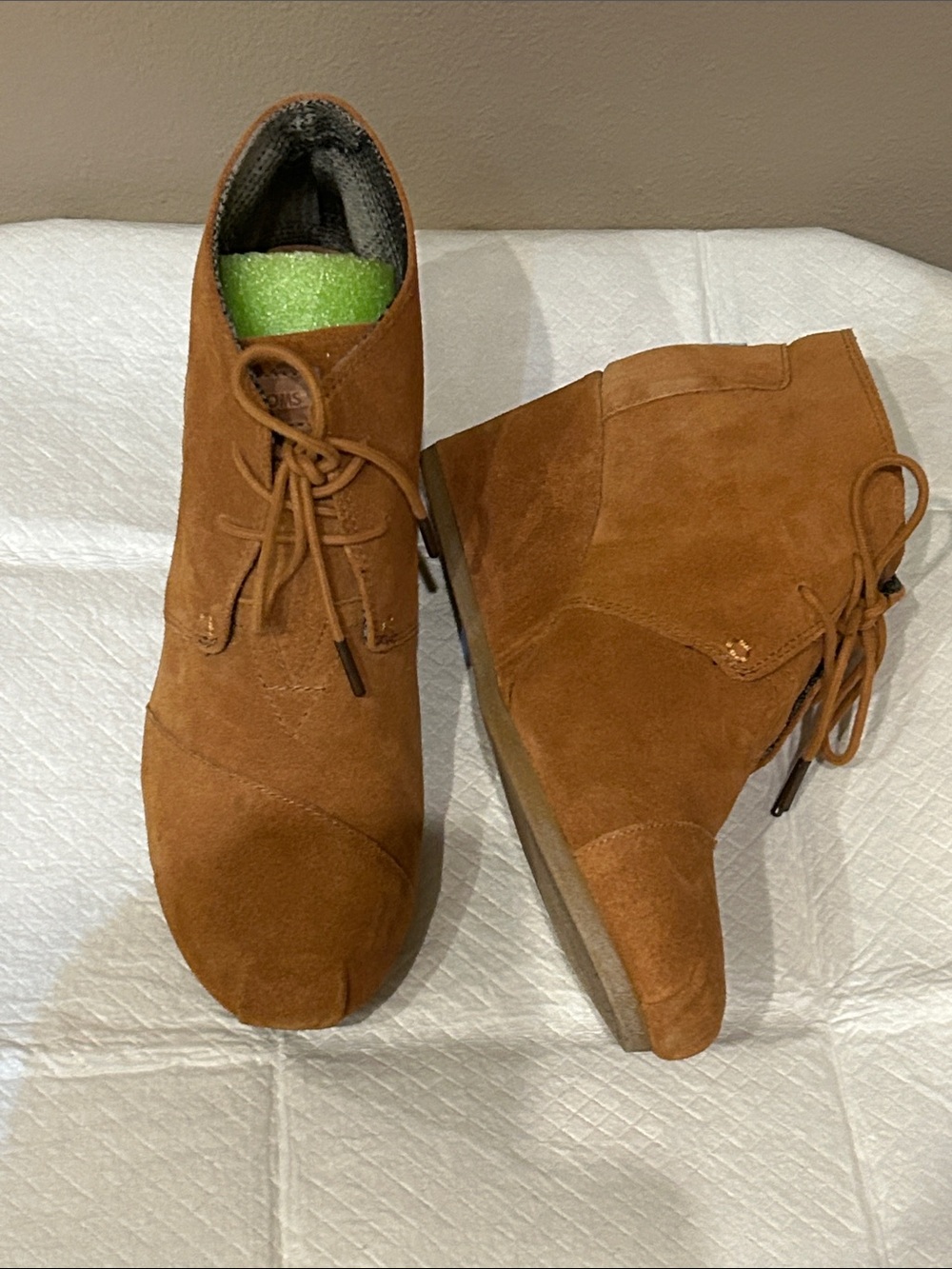 Toms Taupe Suede Lace-Up Wedge Ankle Booties
